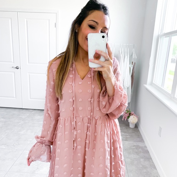 Pink Long Sleeve Swiss Dot Ruffle Loose Dress - Picture 12 of 12